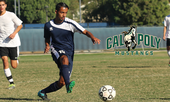 Men's soccer player Jose Rivera suiting up for Cal Poly