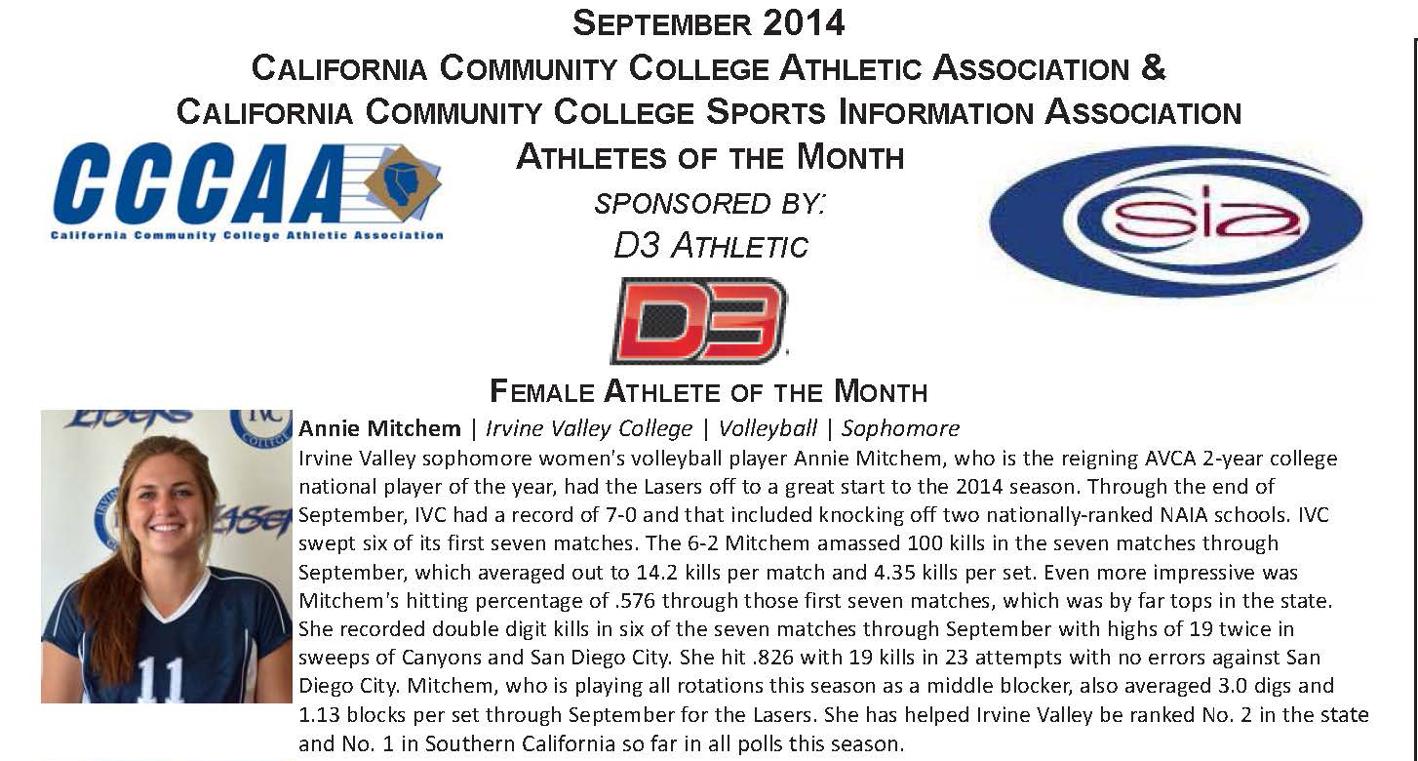 Volleyball player Annie Mitchem is CCCAA athlete of the month