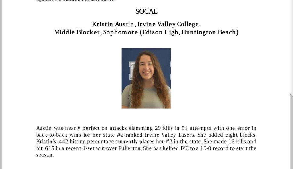 Volleyball player Kristin Austin named state player of the week